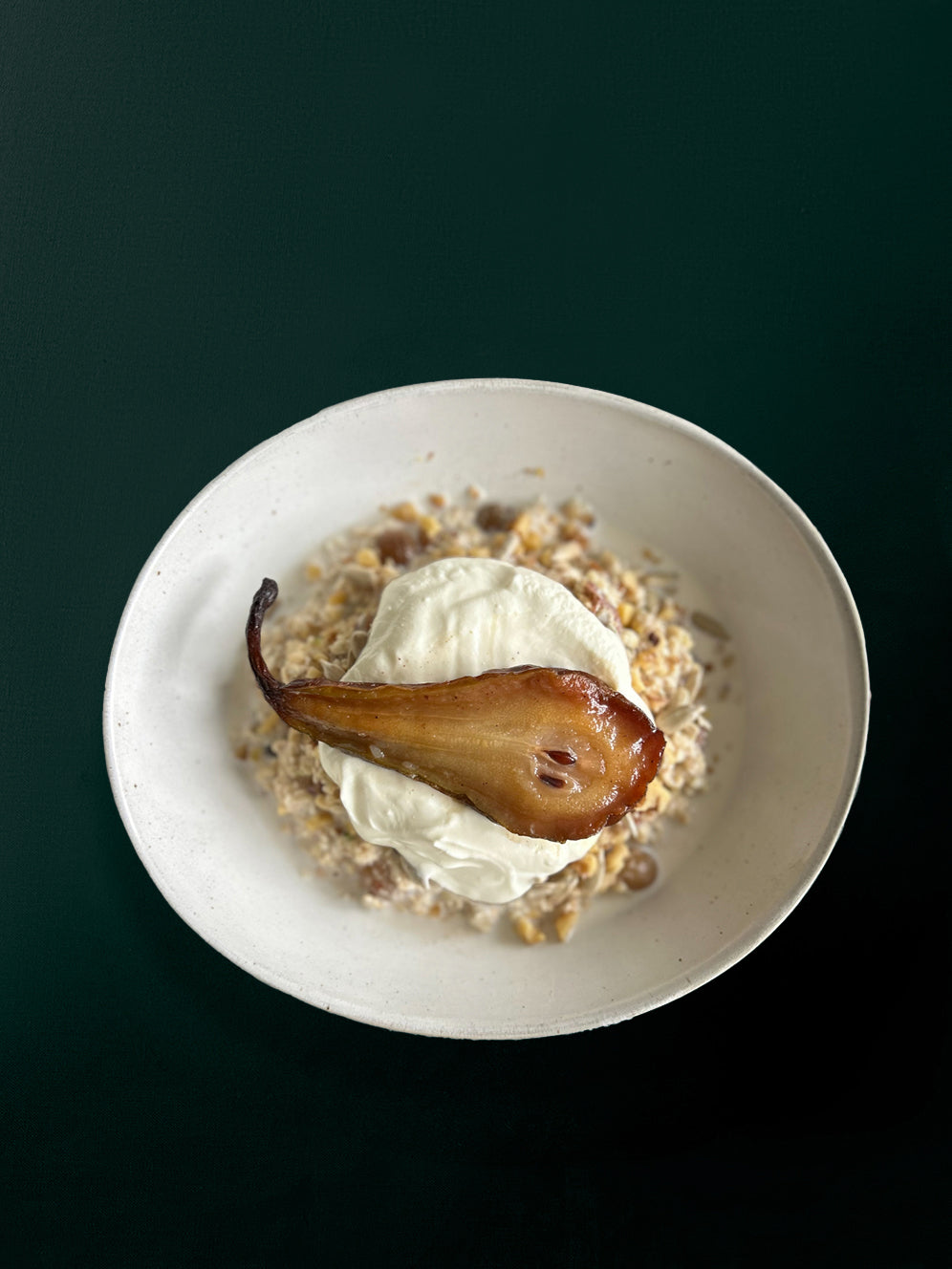 Caramel Spiced Pear Bircher Muesli — roasted pears on bircher muesli