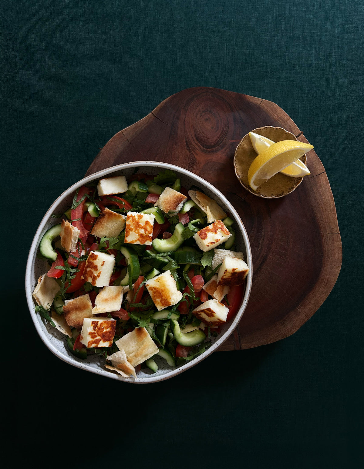 Fattoush Salad Bowl — seared haloumi and pita chips on salad