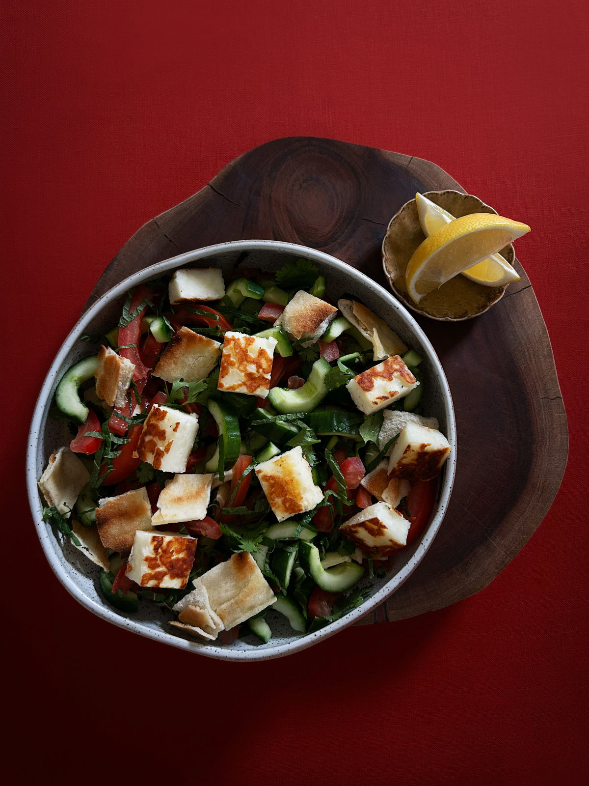 Fattoush Salad Bowl, red background
