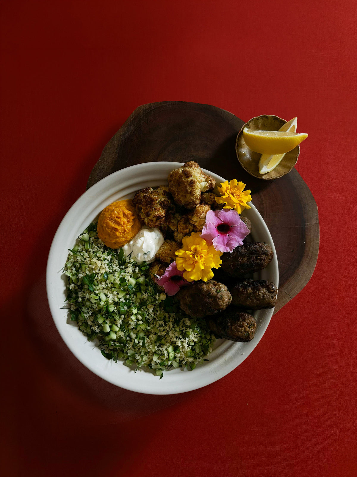 Lamb Kofta Bowl — koftas with dips, tabbouleh and roast cauliflower